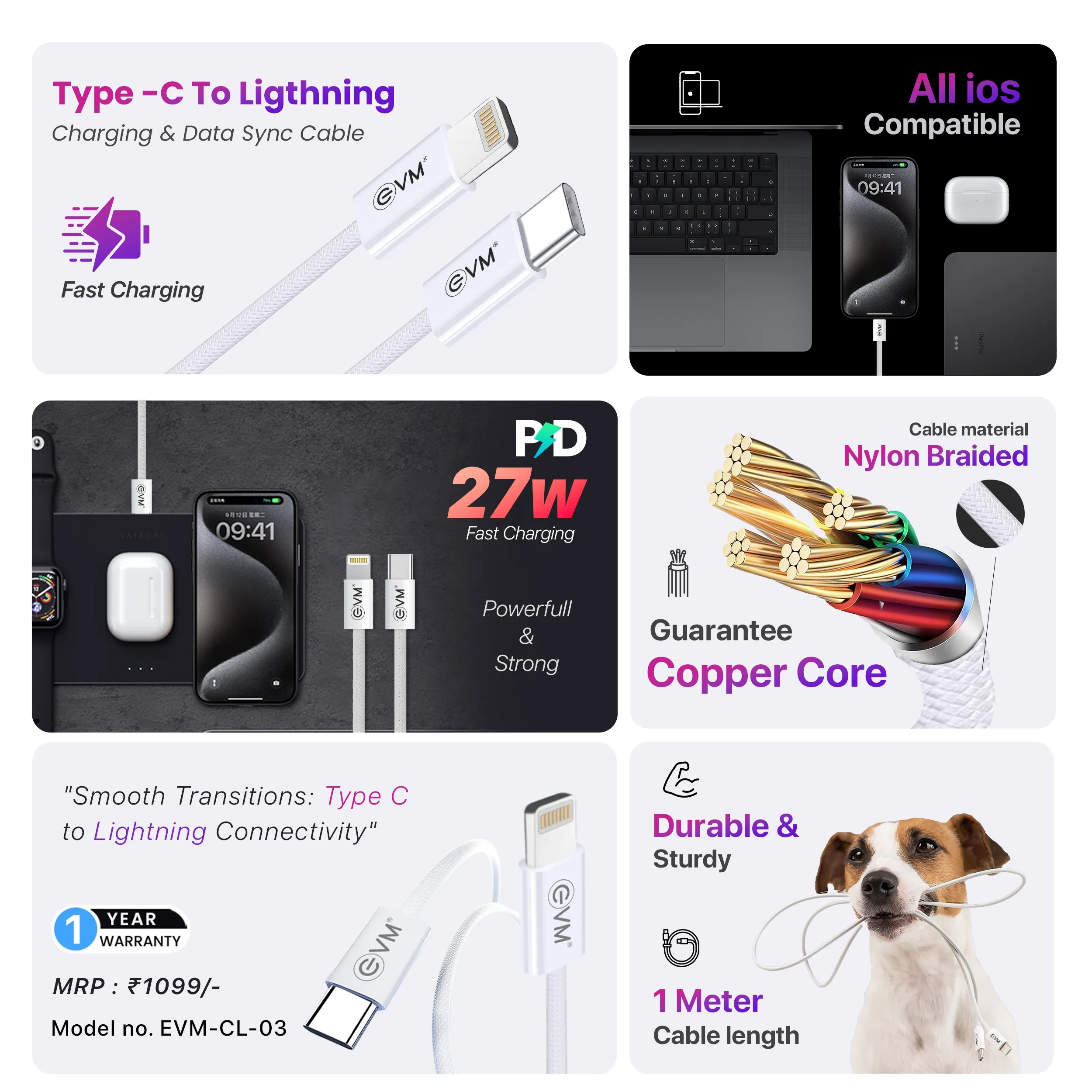 EVM Type-C To Lightning Charging & Data Sync Cable (EVM-CL-03) view 3